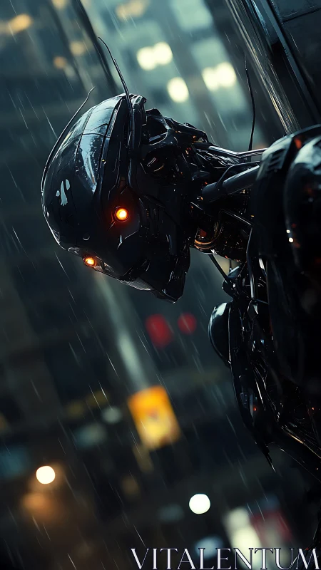 Robotic figure with illuminated eyes stands in rainy city alley