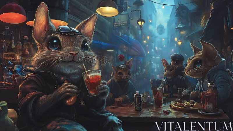 Anthropomorphic rodents seated in urban night caf&eacute; scene.