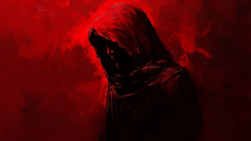 Hooded wanderer wrapped in crimson mystery and shadow.