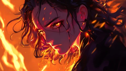 Fiery anime portrait with molten glow and burning gaze.