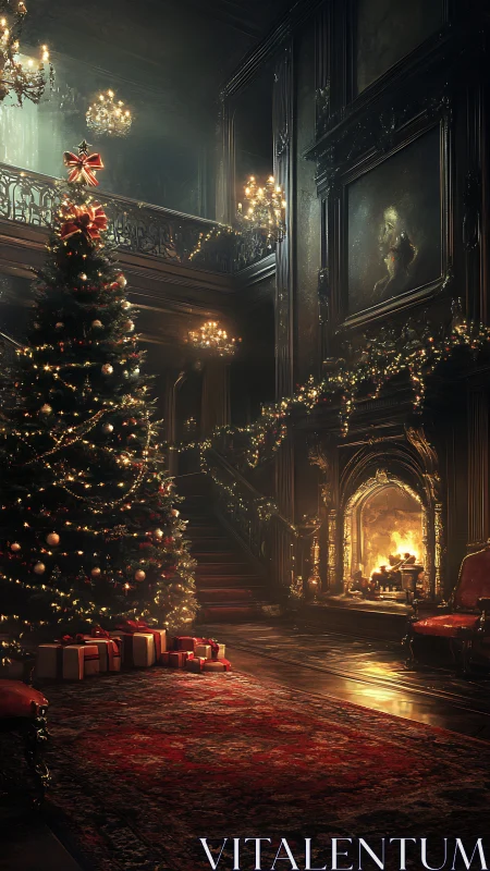Grand holiday hearth glow in a storybook winter manor.
