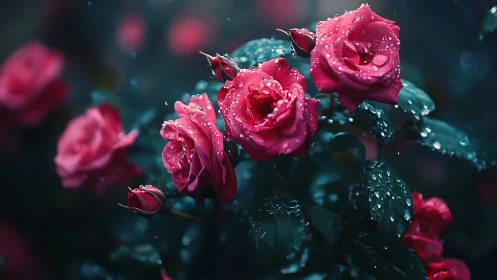 Magenta roses with water droplets displayed against dark teal foliage background