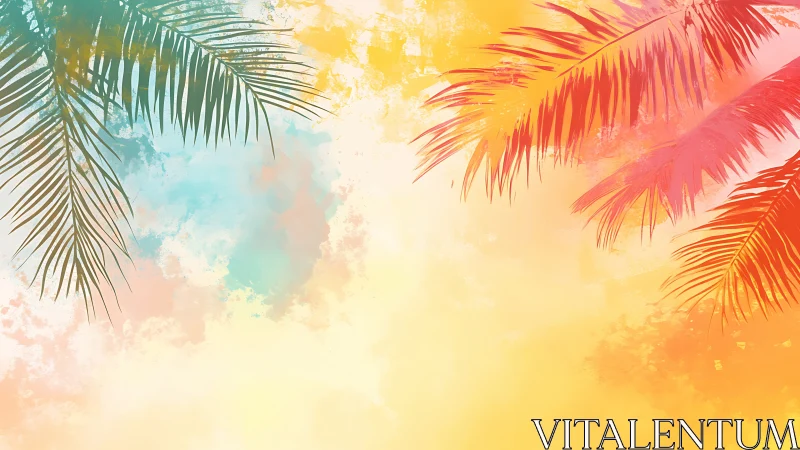 Palm leaf silhouettes over gradient tropical background.