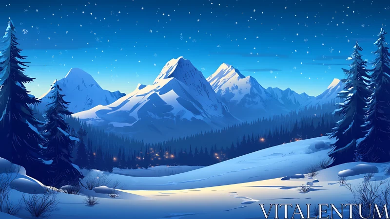 Snow-covered conifer valley lies before distant mountain range