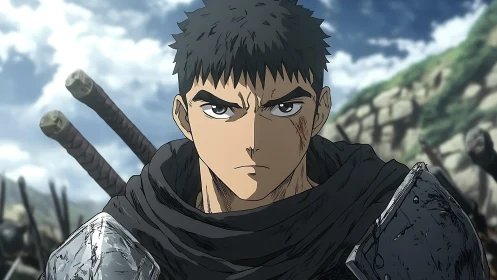 Battle-scarred anime warrior holds stoic gaze on battlefield.