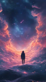Solitary figure stands on volumetric clouds beneath nebula sky