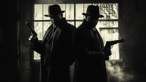 Noir gangsters silhouetted in smoky warehouse backlight.