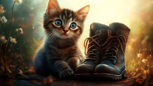Whimsical Kitten with Lace Boots in Luminous Garden Setting.