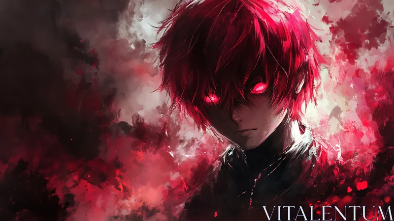 Red-haired figure with glowing eyes stands in abstract haze