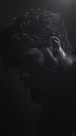 Side profile silhouette of wet haired bearded male figure.