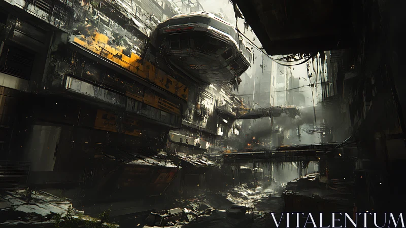 Derelict megastructure bay with suspended industrial dropship