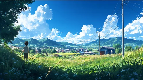 Rural summer panorama with boy, power lines, and cumulus sky.