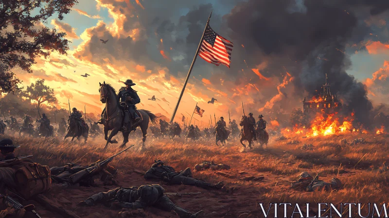 Civil War cavalry advances past burning town at sunset