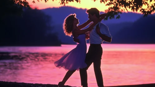 Silhouetted couple in dynamic embrace during golden hour lakeside sunset with atmospheric depth laye