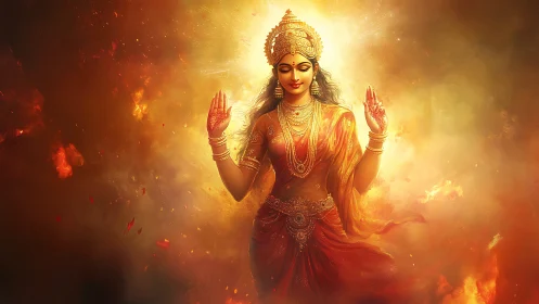 Divine goddess figure in radiant orange celestial fire glow.