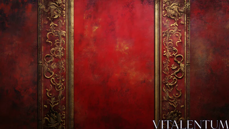 Red textured panel with vertical ornate gold borders.