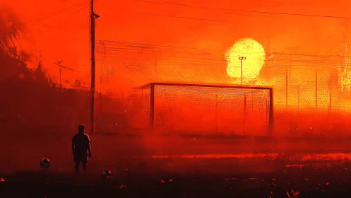 Silhouetted child on soccer field before large red sun.