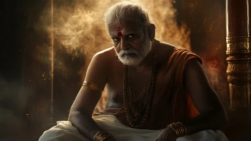 Elderly Hindu sage sits in smoky temple light, gaze intense.