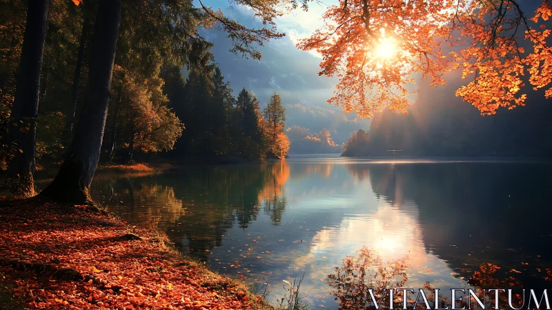 Photorealistic autumn lakeside scene with radiant backlighting.