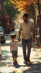 Autumn street scene renders father and child in warm light
