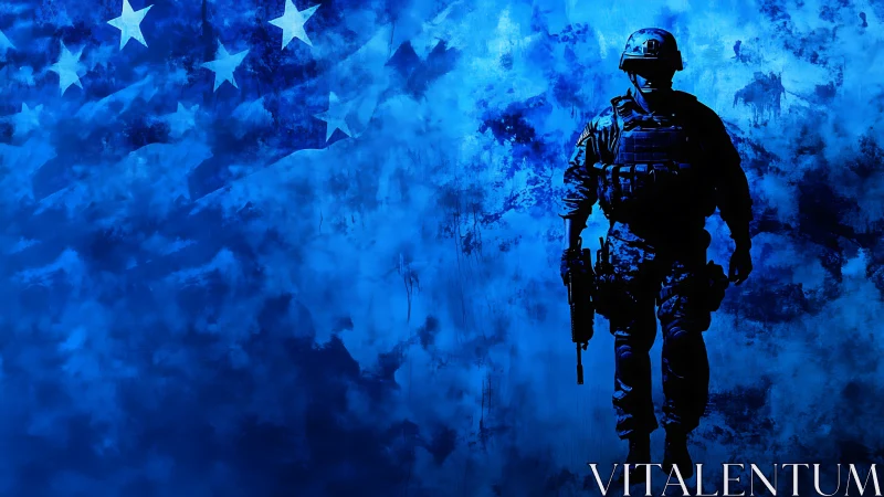 Silhouetted armed soldier walks before blue flag backdrop