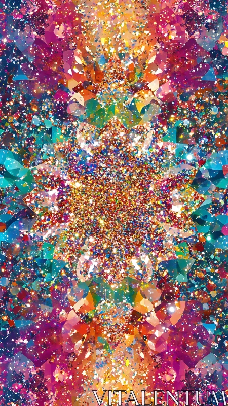Symmetrical digital mandala with multicolored glitter field.