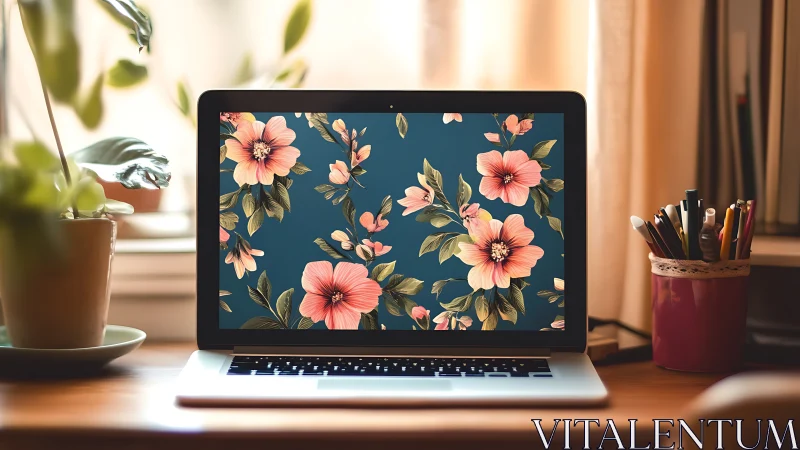 Laptop on wooden desk displays high-contrast floral wallpaper