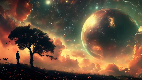 Surreal cosmic landscape with silhouetted figure and planet glow.