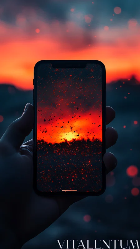 Hand holds smartphone framing vivid red sunset horizon