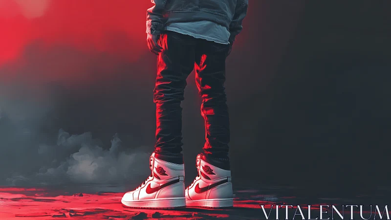 Backlit streetwear figure stands in cinematic red haze glow