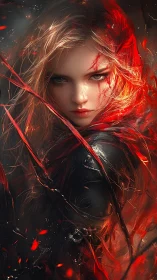 Fierce flame-haired warrior wrapped in swirling crimson light.