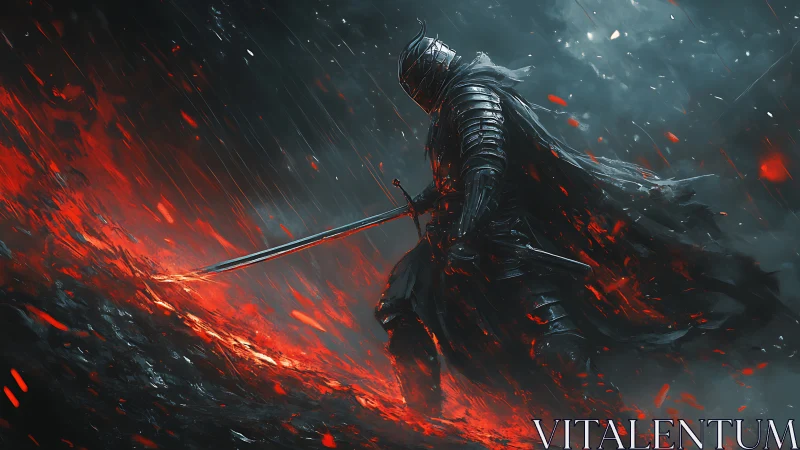 Ashborn knight strides through molten storm of embers.