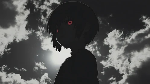 Silhouetted anime figure with glowing red eyes under storm clouds.