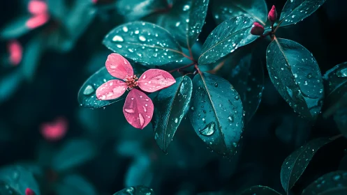 Pink Flower with Teal Foliage and Dew Drops.