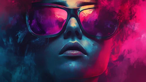 Portrait of person in reflective glasses with neon palette.