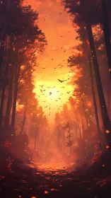 Apocalyptic Forest Burning Beneath a Golden Sky