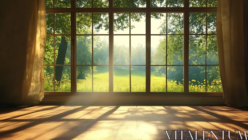 Sunlit interior floor with large window onto green lawn.