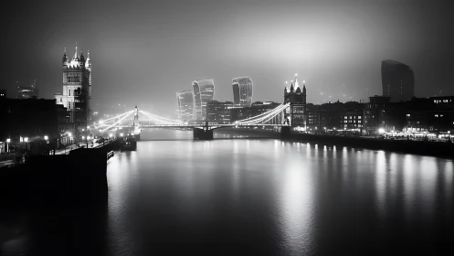 London Tower Bridge night skyline under glowing river fog.