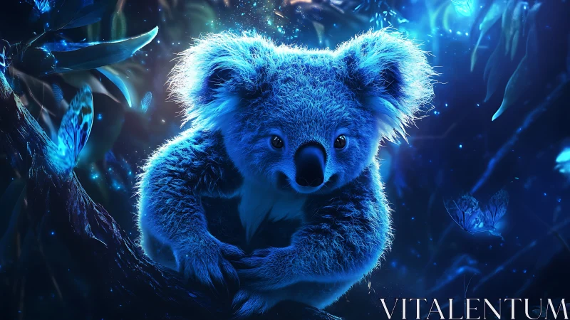 Glow-soft koala resting in a dreamy blue forest night.