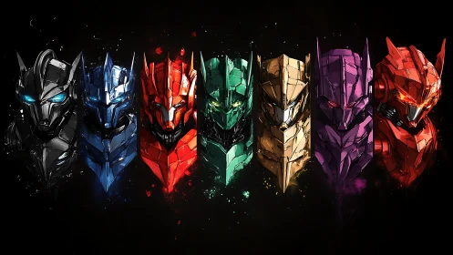 Cyberpunk mech helms in chromatic sequence, symmetric layout.