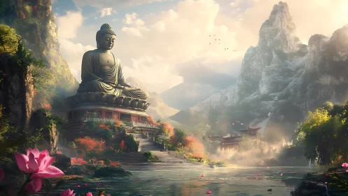 Mountain Buddha statue overlooks misty lotus valley.
