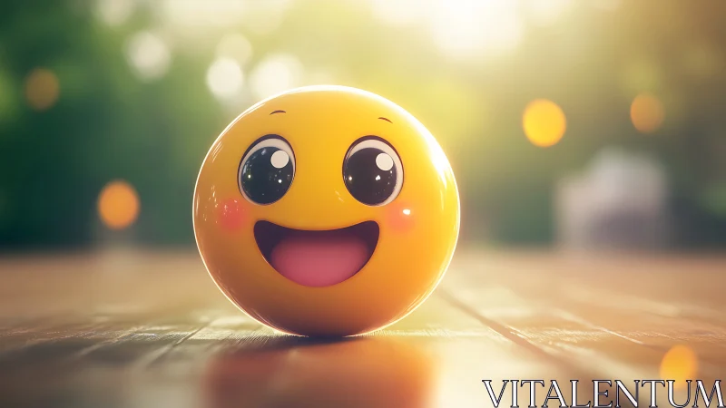 Smiling emoji sphere on sunlit wooden deck at golden hour.