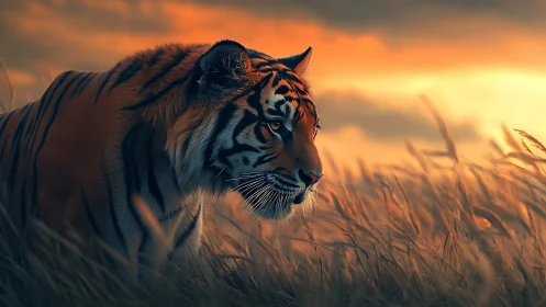 Sunlit tiger stalking through windswept golden grasslands.
