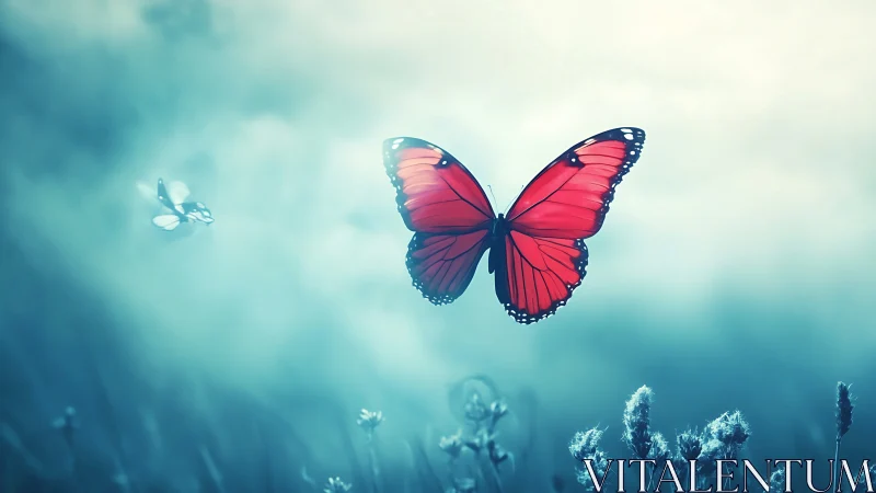 Gentle scarlet butterfly drifting through a dreamy blue sky.