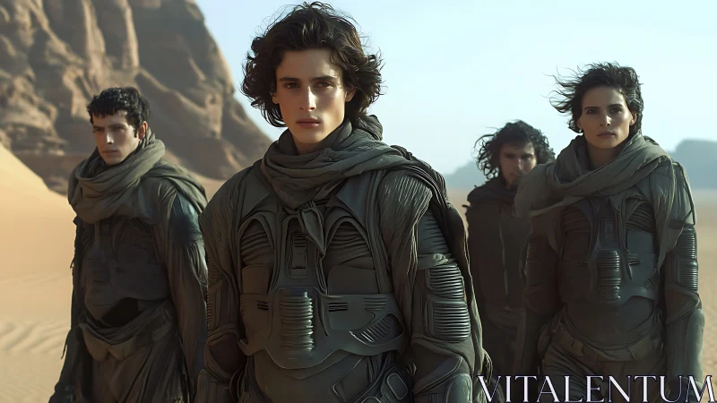 Desert-clad explorers advance through windswept alien dunes.