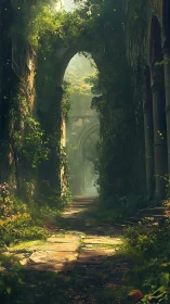Overgrown vaulted ruin corridor with volumetric forest light.