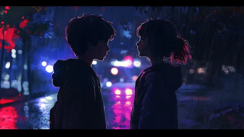 Silhouetted children in rainy night street with neon lights.