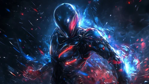 Cybernetic combat exosuit in luminous particle eruption.