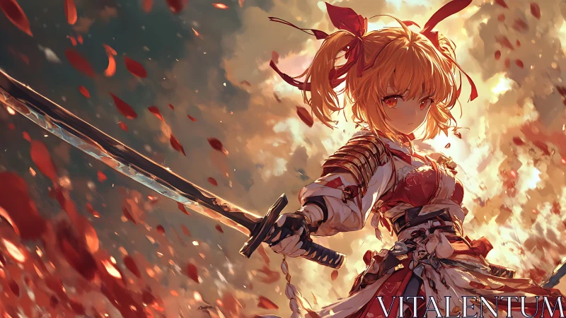 Ember-haired samurai girl cleaves through a storm of petals.