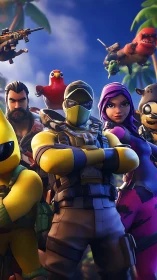 Colorful squad of stylized game heroes in tropical scene.